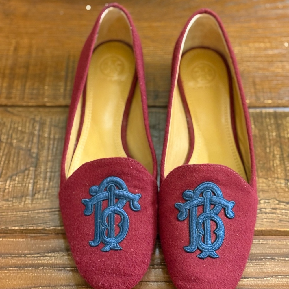 Tory Burch Burgundy Flats with Blue Embroidery